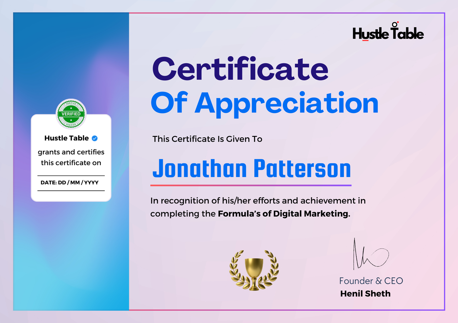 Hustle Table Certificate Digital Marketing formula (1)